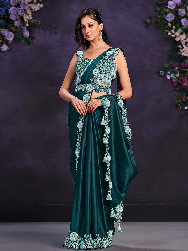 Teal Green Crepe Satin Silk Ready To Wear Saree